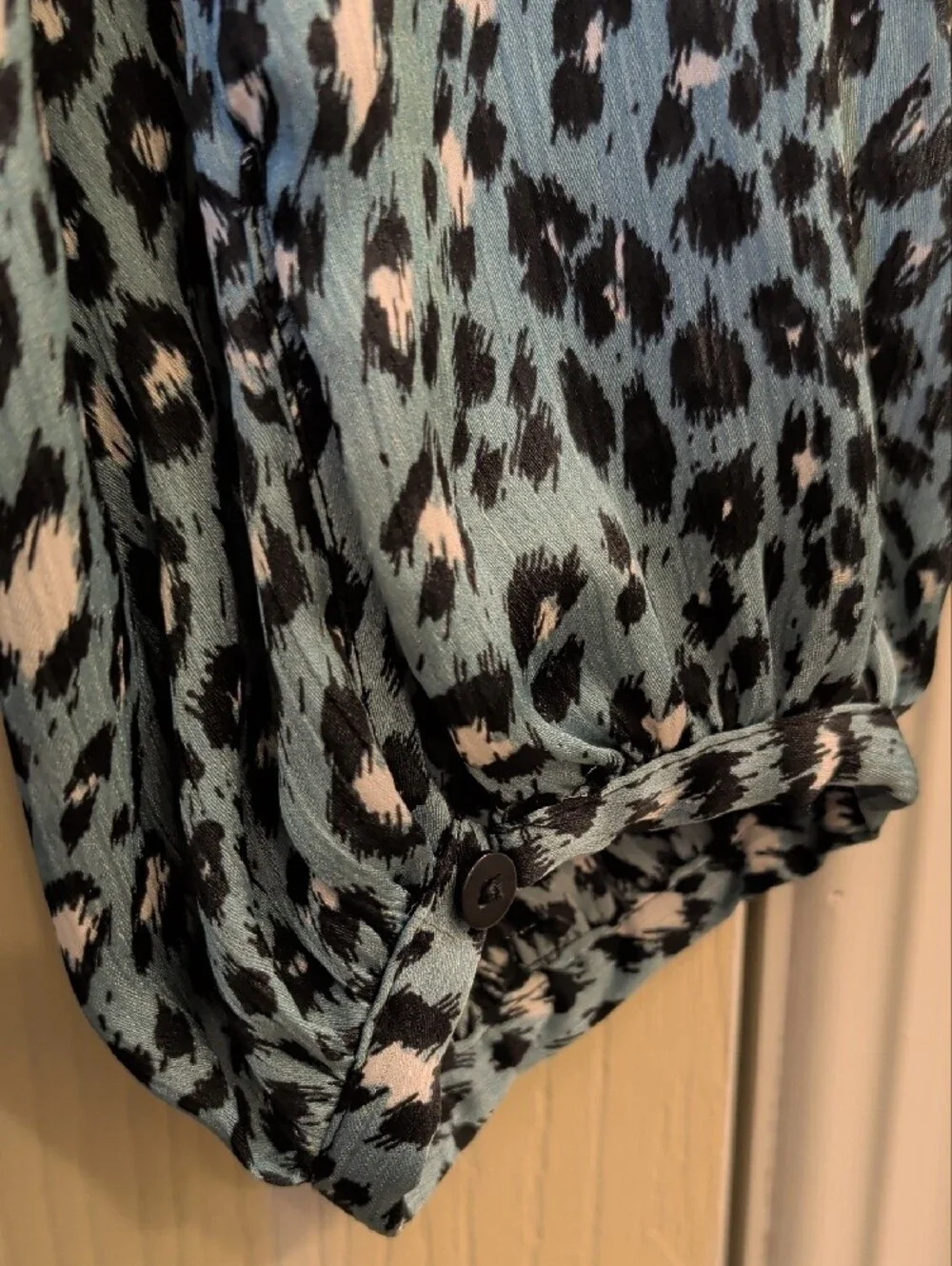 Zara Teal Black Leopard Print Ruffle Button Down Tunic Dress Size S